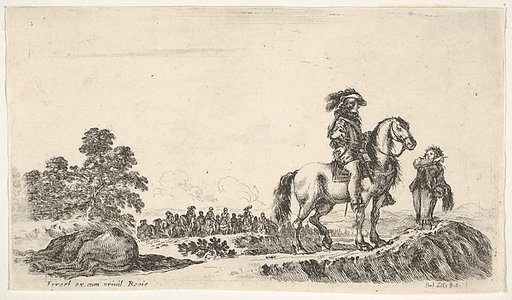 A horseman facing right in profile asking a young man for directions, a dead horse to left, a group of horsemen to left in the background, from "Various figures and lands" (Diverse figure e paesi)
