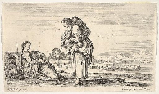 A woman seated to left holding a child, facing right in profile, conversing with a standing woman in center, carrying one child on her back and another in her arms, a church to left in background and boats to right in background, from "Various figures and lands" (Diverse figure e paesi)