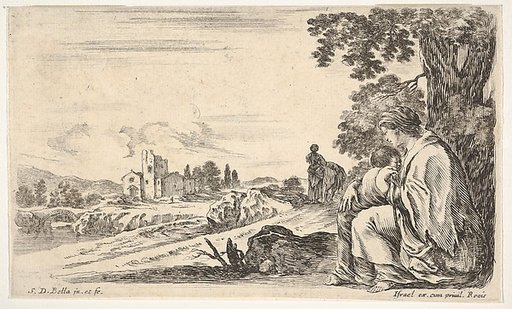 A peasant woman facing left in profile nurses a baby under a tree at right, a woman, seen from behind, walking next to a donkey in the middle ground, a church and bridge to left in background, from "Various figures and lands" (Diverse figure e paesi)