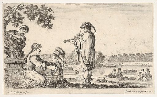 A man playing the violin in center, turned towards the left in profile, a seated woman to left playing with her dancing child, another woman standing and pointing behind a tree to left, seated women in a landscape to right in the background, from "Various figures and lands" (Diverse figure e paesi)