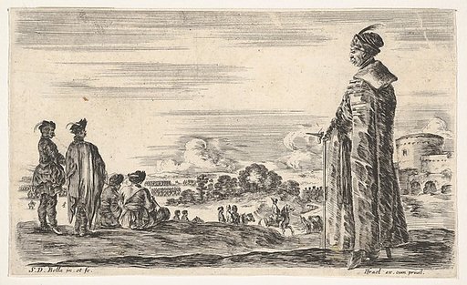 A Polish man in a long robe standing at right in profile, facing left, other Polish men to left, groups of horsemen to left in background and a castle to right in background, from "Various figures and lands" (Diverse figure e paesi)