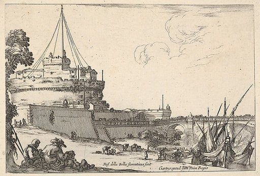 The Castel Sant'Angelo and the Pont Sant'Angelo in Rome, various boats unloading to right, two pilgrims with children seated to left, from "Varie Figure"