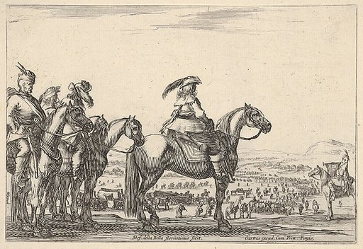 March of an army on a plain, the commander in chief in front, his aides behind him, a trumpeter on horseback at right, a plain with various figures and horses in the background, from "Varie Figure"