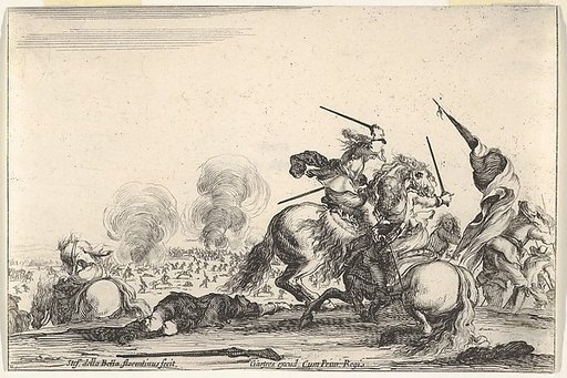 A skirmish, two horsemen battling with swords to the right, men carrying a flag running away towards the right, a dead man on the ground and a horseman seen from behind to the left, from "Varie Figure"