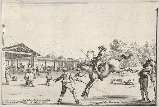 A riding school, a horseman with sword jumping directed by another man with a sword in center, a man standing next to his horse to right, various horsemen, the school, and two dogs in the background, from "Varie Figure"