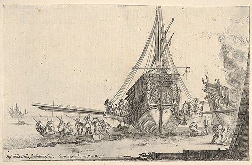 A galley embarking at center, seen from behind, the stern of another galley to right under a fire, eight men in a rowboat to left, from "Varie Figure"
