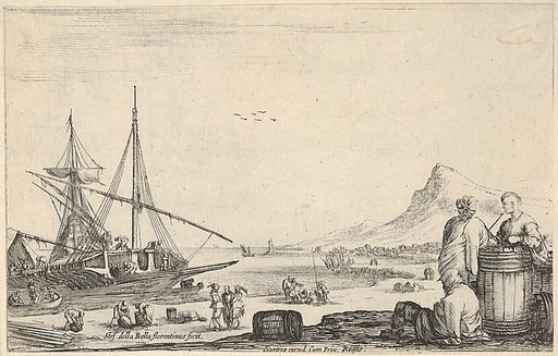 A ship disembarking to left, two galley slaves stand and one sits next to a barrel to right, various other figures on the shore, a mountain to right in the background, from "Varie Figure"