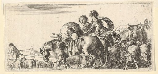 Journey of Jacob and Rachel to the land of Canaan, Rachel directs a horse towards the left, various other animals follow