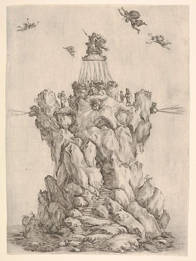 The rock of Aeolus, surrounded by water, with steps leading up the rock, the heads of three of the four winds on each corner blowing outwards, Aeolus crowned at the summit, four winds in the sky around him, from "The contest of the seasons" (La gara delle stagioni)