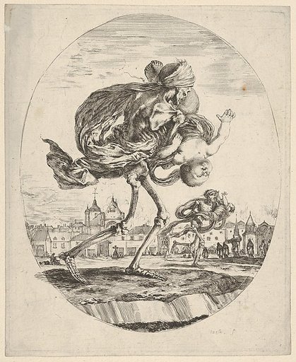 Death walking towards the right and carrying an infant upside down, another figure of Death to right in the middleground, the mass grave of Saints-Innocents in Paris in the background, from "The Five Deaths" (Les Cinq Morts)