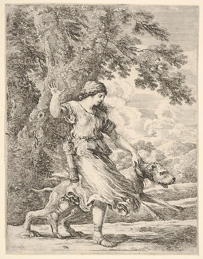 A nymph holding a large dog by the collar (La belle chasseresse)