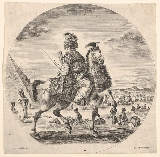 Moorish horseman in profile facing right, in the background a pyramid at left, many figures and an elephant, from "Figures on Horseback" (Cavaliers nègres, polonais et hongrois)