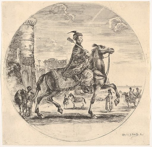 Polish horseman in profile facing right, a tower and other figures on horses in background, a circular composition, from "Figures on Horseback" (Cavaliers nègres, polonais et hongrois)
