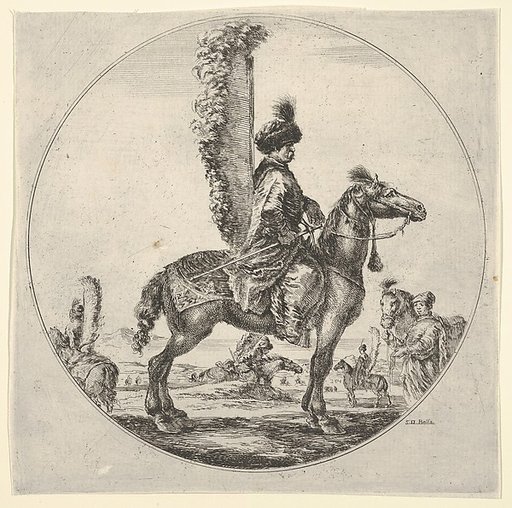 Polish hussar in profile facing right with wings attached to his back, a circular composition, from "Figures on Horseback" (Cavaliers nègres, polonais et hongrois)