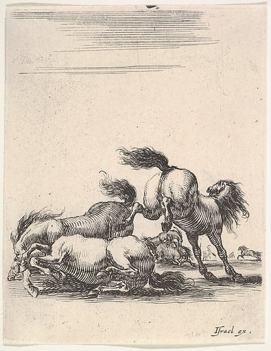 Several horses fighting, one horse to right kicking two horses on the ground below to left, other horses fighting in the background, from "Various cavalry exercises" (Diverses exercices de cavalerie)
