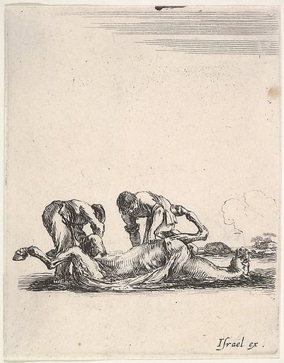 Two men skinning a horse that is lying on the ground with its hooves in the air, from "Various cavalry exercises" (Diverses exercices de cavalerie)