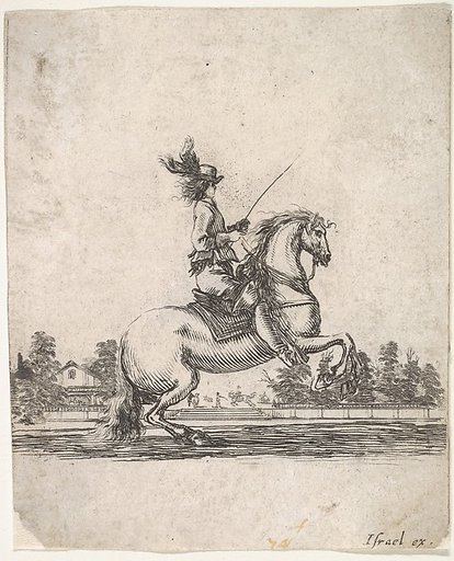 A horseman atop a rearing horse, in profile and turned towards the right, gardens in the background, from "Various cavalry exercises" (Diverses exercices de cavalerie)