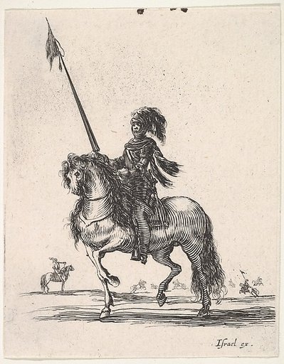 Mounted cuirassier holding a lance upright and riding towards left, other horsemen in the background, from "Various cavalry exercises" (Diverses exercices de cavalerie)