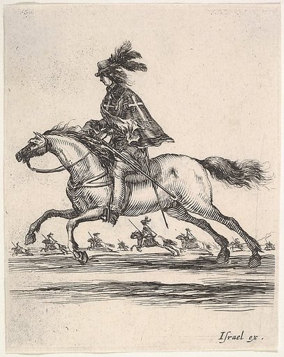 A musketeer galloping towards the left, other horsemen galloping towards the left in background, from "Various cavalry exercises" (Diverses exercices de cavalerie)