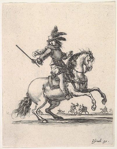 A commander on horseback, giving orders and motioning to the right, other horsemen in the background, two of which are engaged in a duel with pistols, from "Various cavalry exercises" (Diverses exercices de cavalerie)