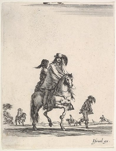 A horseman and his wife, seated side-saddle behind him, riding towards the right, other horsemen and footsoldiers in the background, from "Various cavalry exercises" (Diverses exercices de cavalerie)