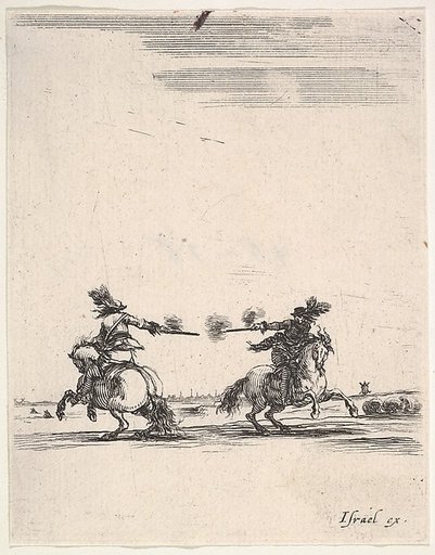 Two horsemen dueling with pistols, one seen from behind riding towards the left, one riding towards right, from "Various cavalry exercises" (Diverses exercices de cavalerie)