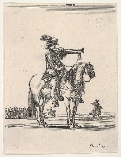 Trumpeter on horseback facing right, a group of horsemen in the background, from "Various cavalry exercises" (Diverses exercices de cavalerie)