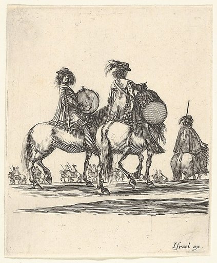 Two musketeers with drums on horseback following a procession to the right, from "Various cavalry exercises" (Diverses exercices de cavalerie)