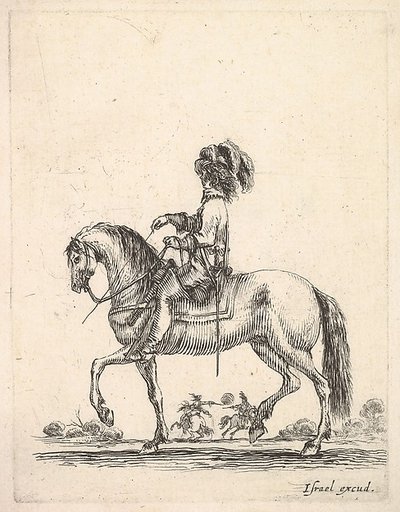 A horseman in profile walking to the left, two horsemen duel with pistols in the background, from "Various cavalry exercises" (Diverses exercices de cavalerie)