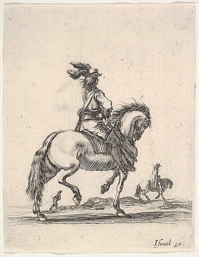 A horseman in center, walking towards the right, a horseman and a footsoldier in the background, seen from behind, from "Various cavalry exercises" (Diverses exercices de cavalerie)