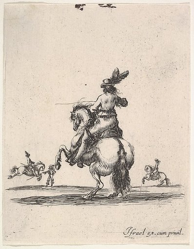 A horseman atop a rearing horse, seen from behind and turned towards the left, two horsemen in the background, from "Various cavalry exercises" (Diverses exercices de cavalerie)
