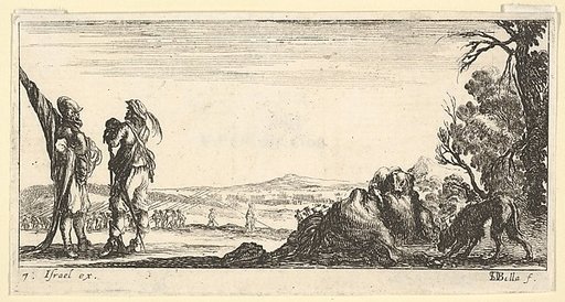 Plate 7: two soldiers standing to left, a wolf devouring a dead horse to right with another wolf entering from right, from "Troops, cannons, and attacks on towns" (Dessins de quelques conduites de troupes, canons, et ataques de villes)