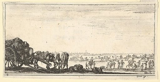Plate 8: a chariot and two horses to left, a dog in center, various horses and soldiers in the background, from "Troops, cannons, and attacks on towns" (Dessins de quelques conduites de troupes, canons, et ataques de villes)
