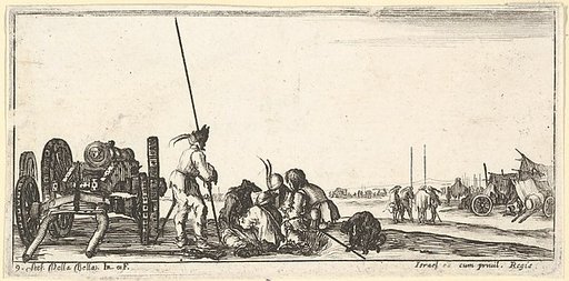 Plate 9: a chariot carrying a cannon to left, soldiers in center playing cards, from "Troops, cannons, and attacks on towns" (Dessins de quelques conduites de troupes, canons, et ataques de villes)