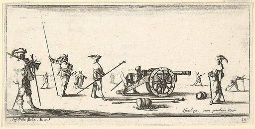 Plate 10: a soldier charging a cannon in center, other soldiers with picks standing at left and right, from "Troops, cannons, and attacks on towns" (Dessins de quelques conduites de troupes, canons, et ataques de villes)