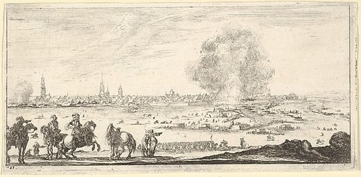 Plate 11: an attack on a city, horsemen in foreground, clouds of smoke and a cityscape in background, from "Troops, cannons, and attacks on towns" (Dessins de quelques conduites de troupes, canons, et ataques de villes)