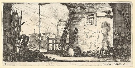 Plate 2: a soldier seated to left beneath an archway, another lying on the ground to right alongside military equipment, from "Troops, cannons, and attacks on towns" (Dessins de quelques conduites de troupes, canons, et ataques de villes)