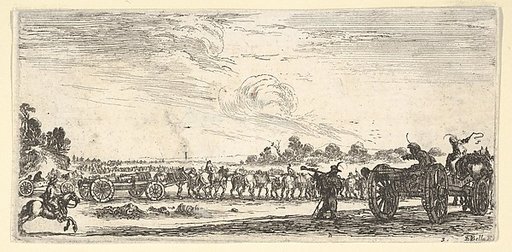 Plate 3: a procession of horse-drawn cannons, riding to the right, a horse-drawn cannon to the right seen from the back, from "Troops, cannons, and attacks on towns" (Dessins de quelques conduites de troupes, canons, et ataques de villes)
