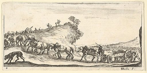 Plate 4: a procession of cannons and horses riding uphill towards the left, a dog at lower left, from "Troops, cannons, and attacks on towns" (Dessins de quelques conduites de troupes, canons, et ataques de villes)