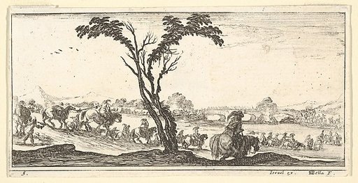 Plate 5: a procession of horsemen crossing a river, a tree at center, from "Troops, cannons, and attacks on towns" (Dessins de quelques conduites de troupes, canons, et ataques de villes)