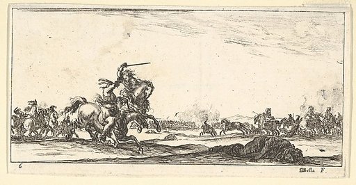 Plate 6: a skirmish between two horsemen to left, a dead man on the ground to the right, combat in the background, from "Troops, cannons, and attacks on towns" (Dessins de quelques conduites de troupes, canons, et ataques de villes)