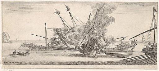 Naval combat, a ship at center, seen from behind, firing at four enemy ships, another ship entering from the right, a rowboat with nine people to left, from "Peace and War" (Divers desseins tant pour la paix que pour la guerre)