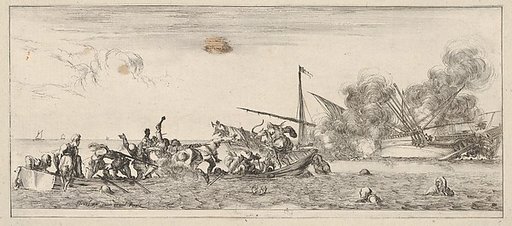 Naval battle, a rowboat filled with people fighting with muskets to left, people drowning in the sea in the center and right foreground, a ship on its side and burning in the background, from "Peace and War" (Divers desseins tant pour la paix que pour la guerre)