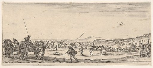 A procession of horsemen and cannons in the middle ground walking to the left, a cannon and two men to left, from "Peace and War" (Divers desseins tant pour la paix que pour la guerre)