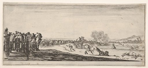 A procession of horse-drawn cannon carriages to left, horsemen in combat and a dead horse to right, battle on a bridge in center background, from "Peace and War" (Divers desseins tant pour la paix que pour la guerre)