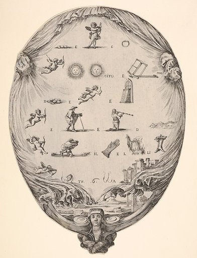 Rébus on the subject of love, a riddle depicted on drapery, below a landscape with a pyramid and two obelisks, a bust of a sphinx at bottom