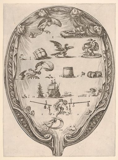 Rébus on the subject of fortune, a riddle depicted on drapery surrounded by a frame