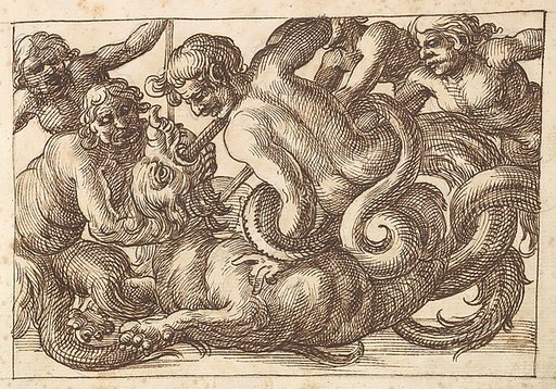 Horizontal Panel Design with Five Male Figures Fighting a Dragon