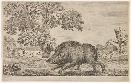 A wild boar running towards the left, a dog biting its ear behind to left, other dogs and horsemen in the background, from "Hunts of various animals" (Chasses à différents animaux)