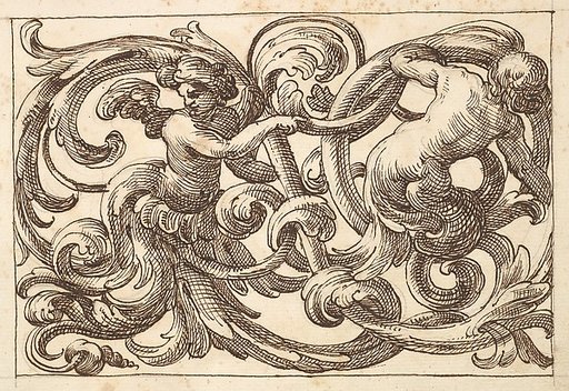 Horizontal Panel Design with Two Young Male Figures between Acanthus Rinceaux